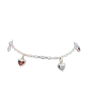 925 Sterling Silver Hollow Fancy Paper Clip Anklet/Bracelet with Red CZ & Silver Puff Heart Charm