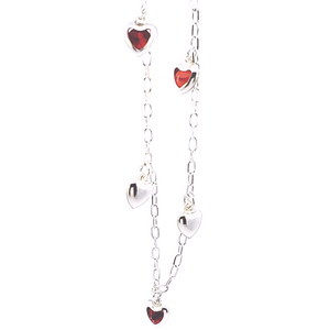 925 Sterling Silver Hollow Fancy Paper Clip Anklet/Bracelet with Red CZ & Silver Puff Heart Charm