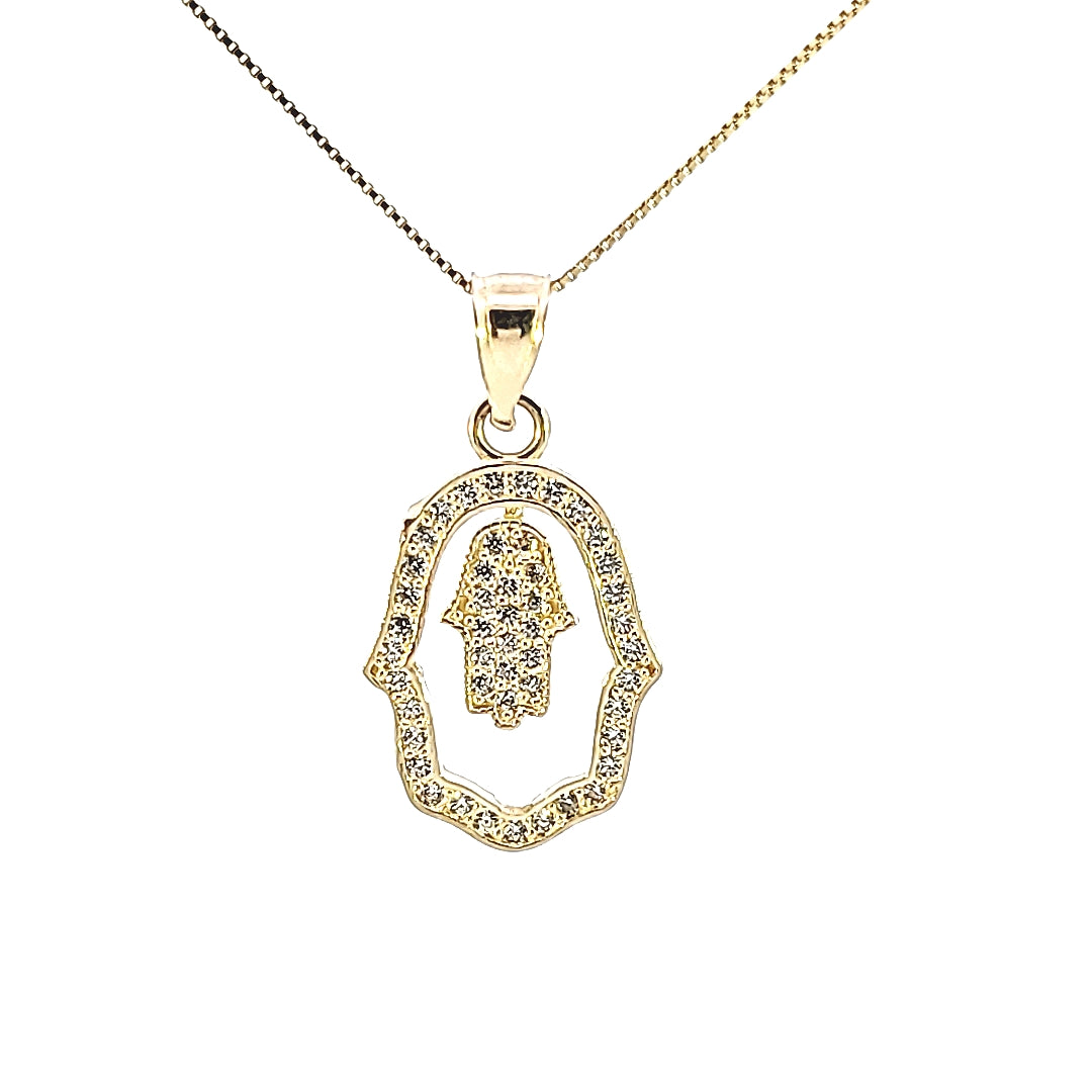 10k Solid Yellow Gold Fancy Hamsa with Frame CZ Charms with Box Chain