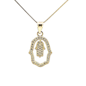 10k Solid Yellow Gold Fancy Hamsa with Frame CZ Charms with Box Chain