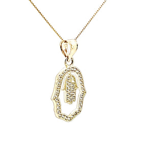 10k Solid Yellow Gold Fancy Hamsa with Frame CZ Charms with Box Chain