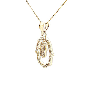 10k Solid Yellow Gold Fancy Hamsa with Frame CZ Charms with Box Chain
