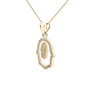 10k Solid Yellow Gold Fancy Hamsa with Frame CZ Charms with Box Chain