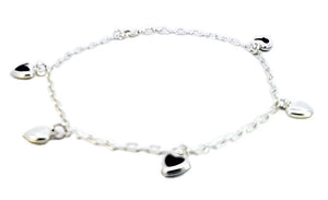 925 Sterling Silver Hollow Fancy Paper Clip Anklet/Bracelet with Blue CZ & Silver Puff Heart Charm