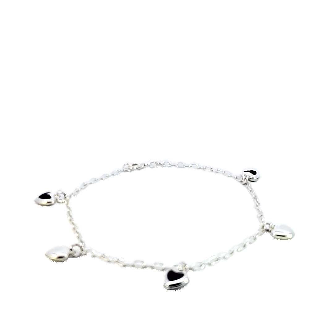 925 Sterling Silver (Italy) Hollow Fancy Paper Clip Anklet/Bracelet with Blue CZ & White Puff Heart Charm