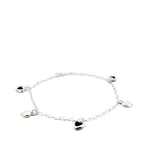 925 Sterling Silver Hollow Fancy Paper Clip Anklet/Bracelet with Blue CZ & Silver Puff Heart Charm
