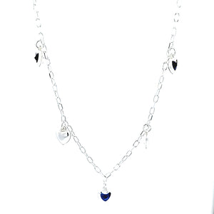 925 Sterling Silver Hollow Fancy Paper Clip Anklet/Bracelet with Blue CZ & Silver Puff Heart Charm
