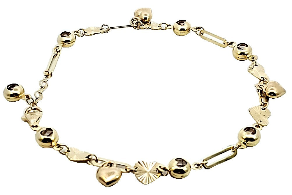 10K Real Gold Heart Charm W/Crystal Adj Fancy Bracelet (8")