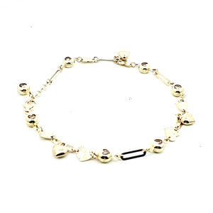 10K Real Gold Heart Charm W/Crystal Adj Fancy Bracelet (8")