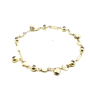10K Real Gold Heart Charm W/Crystle Adj Fancy Bracelet (8")