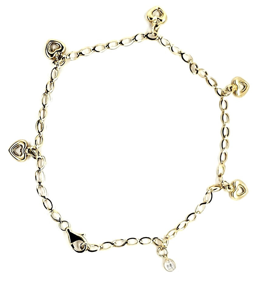 10K Real Gold Heart Charms W/Crystal Fancy Anklet/Bracelet (10")