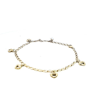 10K Real Gold Heart Charms W/Crystal Fancy Anklet/Bracelet (10")