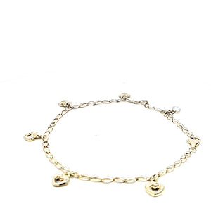 10K Real Gold Heart Charms W/Crystal Fancy Anklet/Bracelet (10")