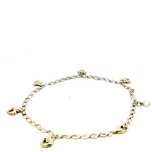 10K Real Gold Heart Charms W/Crystal Fancy Anklet/Bracelet (10")