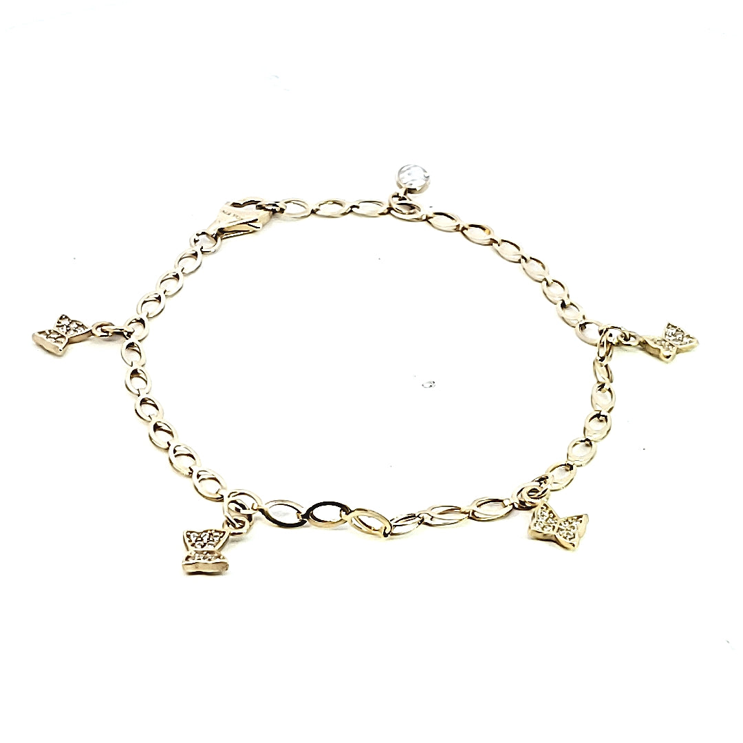10K Real Gold Fancy Bracelet with Butterfly CZ & W/Crystal Charms