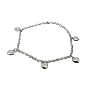 925 Sterling Silver (Italy) Hollow Fancy Paper Clip Anklet/Bracelet with 5 White Puff Heart Charm