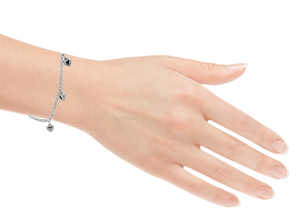 925 Sterling Silver Hollow Fancy Paper Clip Anklet/Bracelet with 5 Puff Heart Charm