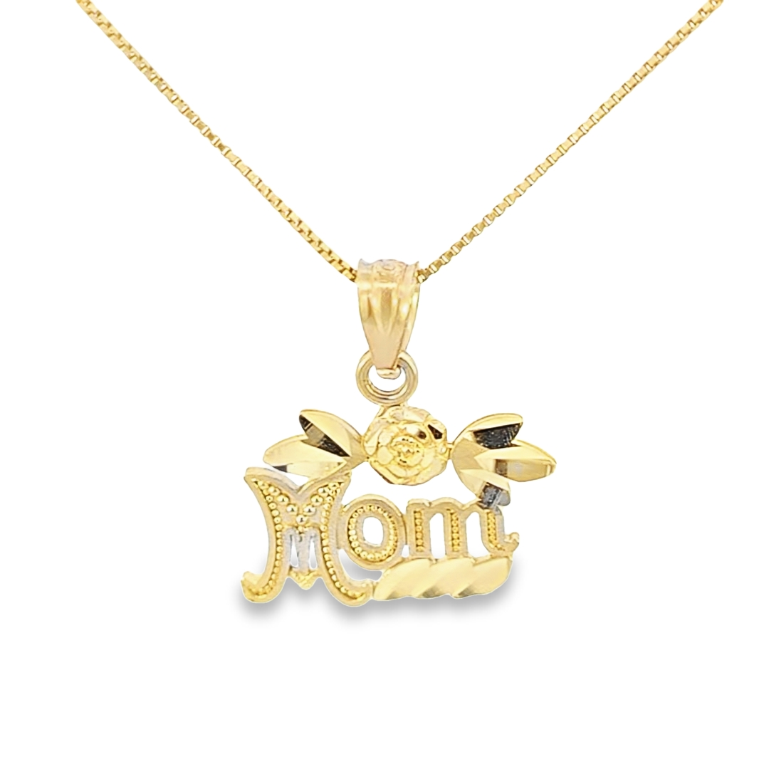 10K Real Solid Mom with Flower Charm with Box Chain