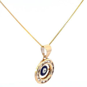 10K Real Solid Gold Evil Eye Round with CZ (Blue) Small Charm with Box Chain