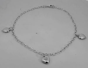 925 Sterling Silver Hollow Fancy Paper Clip Anklet/Bracelet with 3 Puff Heart Charm