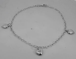 925 Sterling Silver (Italy) Hollow Fancy Paper Clip Anklet/Bracelet with 3 White Puff Heart Charm