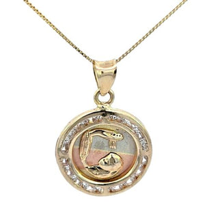 10K Real Gold Baptism Tricolor Round with CZ small Charm with Box Chain