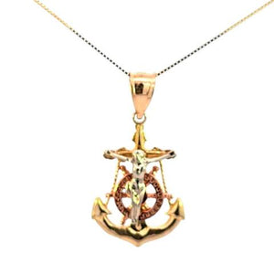 10K Real Gold Tri Color Jesus Anchor Small Charm with box Chain