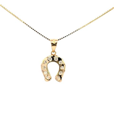 14K Real Gold Horse Shoe CZ Small Charm with Box Chain