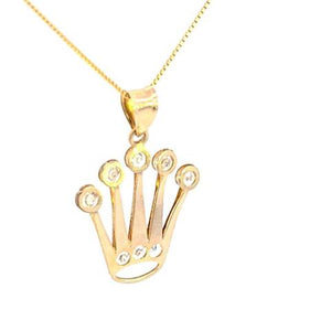 10K Real Gold CZ Crown Coronet Charm with Box Chain