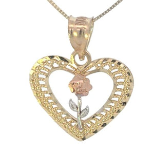 10K Real Gold Tri Color Fancy Heart Rose Charm with Box Chain