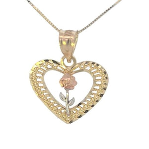 10K Real Gold Tri Color Fancy Heart Rose Charm with Box Chain