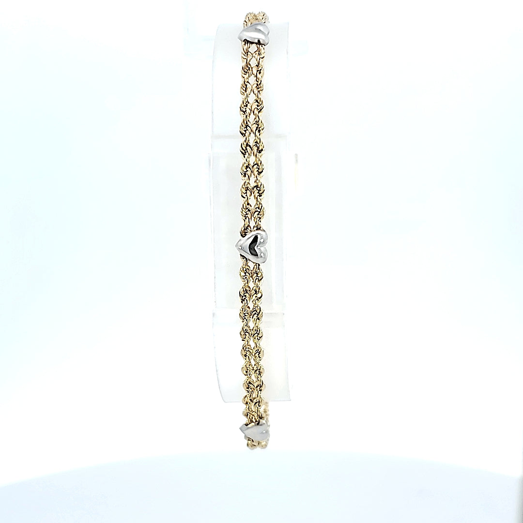 10K Real Gold Hollow Two Tone, Twin Rope With Heart Charm Fancy Bracelet