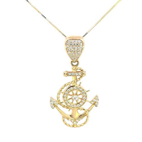 10K Real Gold Anchor and Wheel CZ Charm with Box Chain