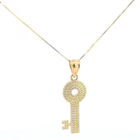 14K Real Gold Fancy Key CZ Charm with Box Chain