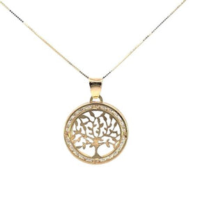 10K Solid Yellow Gold Tree Cz Pendant Charm with Box Chain
