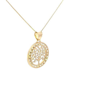 10K Solid Yellow Gold Tree Cz Pendant Charm with Box Chain