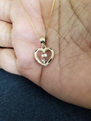 10K Solid Real Gold Valentine Tri-Color Heart with Flower Charm (S) with Box Chain