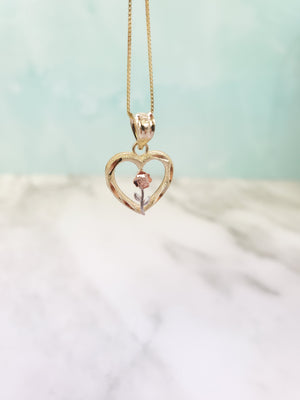 10K Solid Real Gold Valentine Tri-Color Heart with Flower Charm (S) with Box Chain