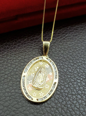 10K Solid Real Yellow Gold Mother Mary Oval CZ Medium Charm with Box Chain