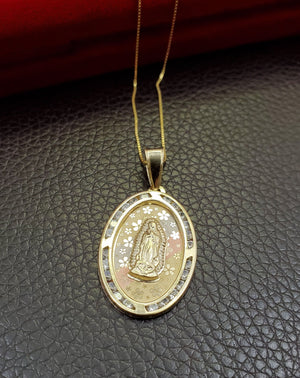 10K Solid Real Yellow Gold Mother Mary Oval CZ Medium Charm with Box Chain