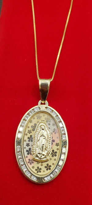 10K Solid Real Yellow Gold Mother Mary Oval CZ Medium Charm with Box Chain