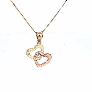 10K Solid Rose and Yellow Gold Twin Heart Charm with Box Chain