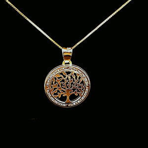 10K Solid Yellow Gold Tree Cz Pendant Charm with Box Chain