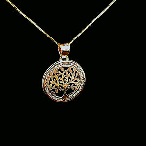 10K Solid Yellow Gold Tree Cz Pendant Charm with Box Chain