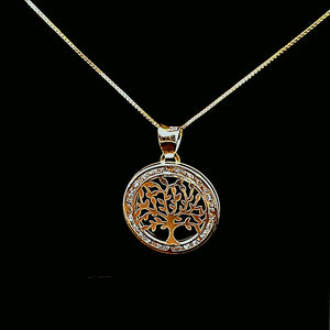10K Solid Yellow Gold Tree Cz Pendant Charm with Box Chain