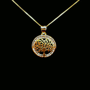 10K Solid Yellow Gold Tree Cz Pendant Charm with Box Chain