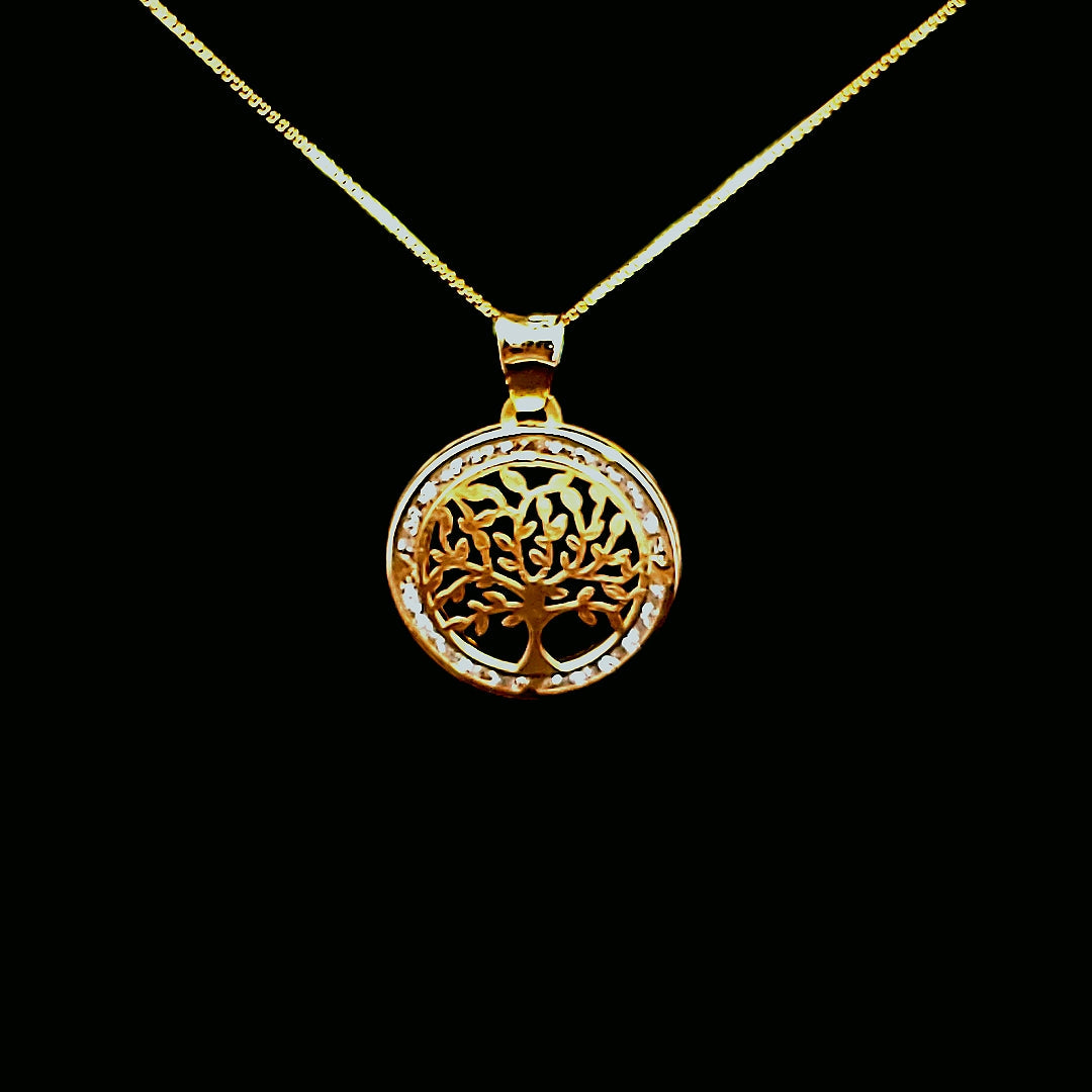 10K Real Gold Tree of Life CZ Charm with Box Chain