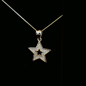 10K Real Yellow Gold CZ Star Charm with Box Chain