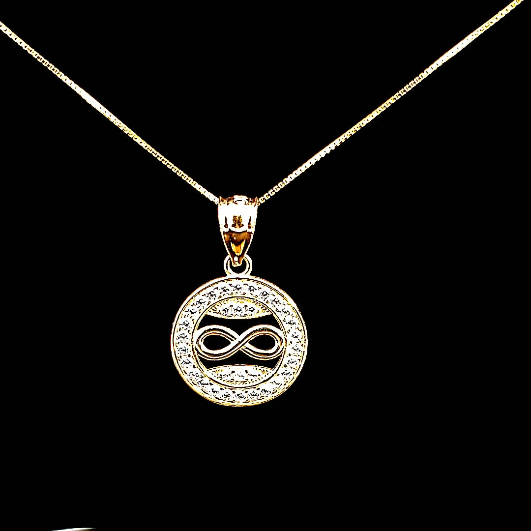 10K Solid Real Gold Infinity Circle CZ Pendant Charm with Box Chain