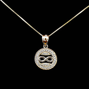 10K Solid Real Gold Infinity Circle CZ Pendant Charm with Box Chain